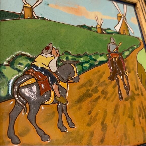 Antique Framed Don Quixote Sancho 8” Enameled Clay 8” Square Tiles Custom Framed - Picture 10 of 16
